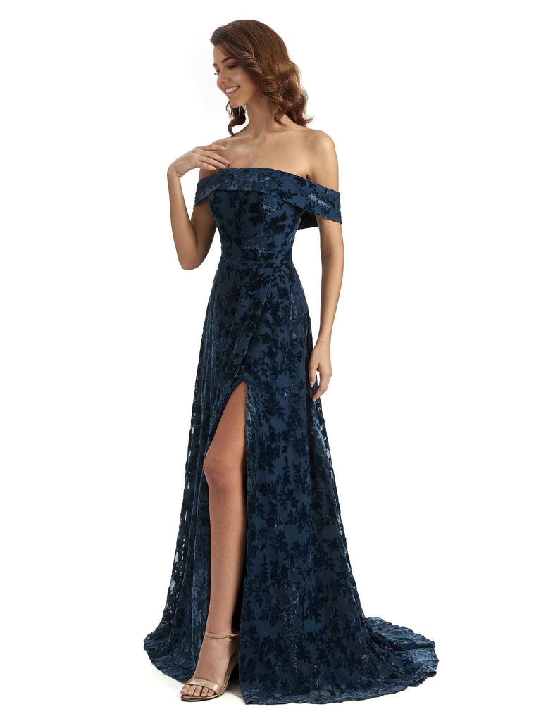 A-Line Off Shoulder Lace Velvet formal dresses evening gown Bridesmaid Dresses With Side Slit