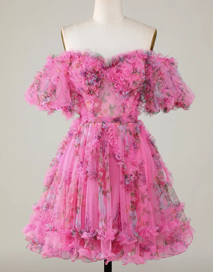 A-Line Sweet Off The Shoulder Short Tulle Homecoming Dresses Party Dress