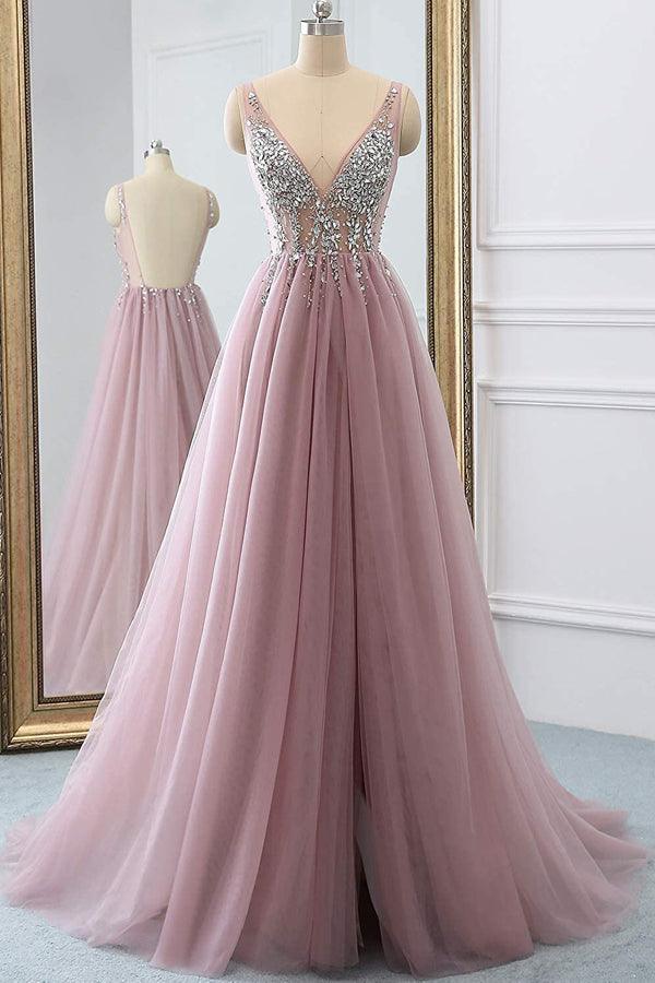 A Line Sparkly V Neck Tulle Long Prom Dress