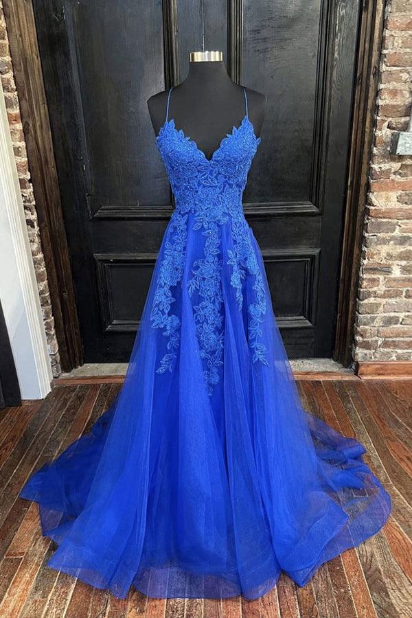 A-line V Neck Straps Tulle Appliques Prom Dress