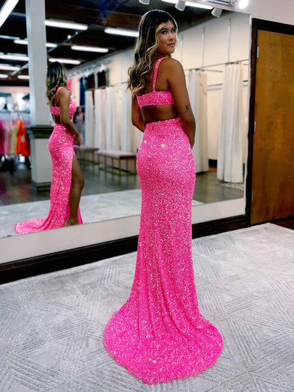 Vestido de fiesta de sirena con escote en V y lentejuelas con abertura