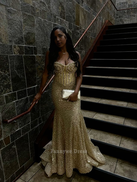 Vestidos largos formales de sirena con escote en forma de corazón y cuentas, vestidos de dama de honor, vestido de noche, vestido de fiesta 