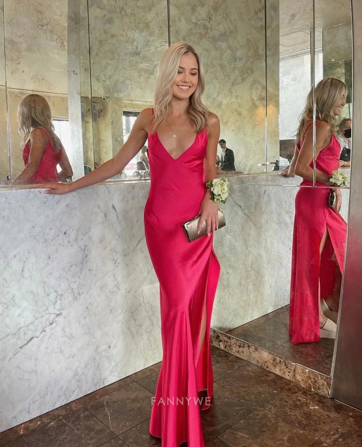 A-line V-neck sleeveless Hot pink long satin formal dresses Bridesmaid Dresses evening gown Prom Dress