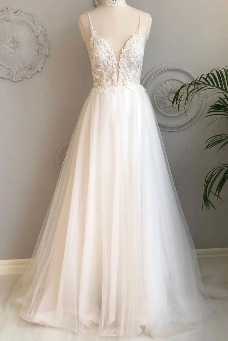 V neck tulle lace long prom dress