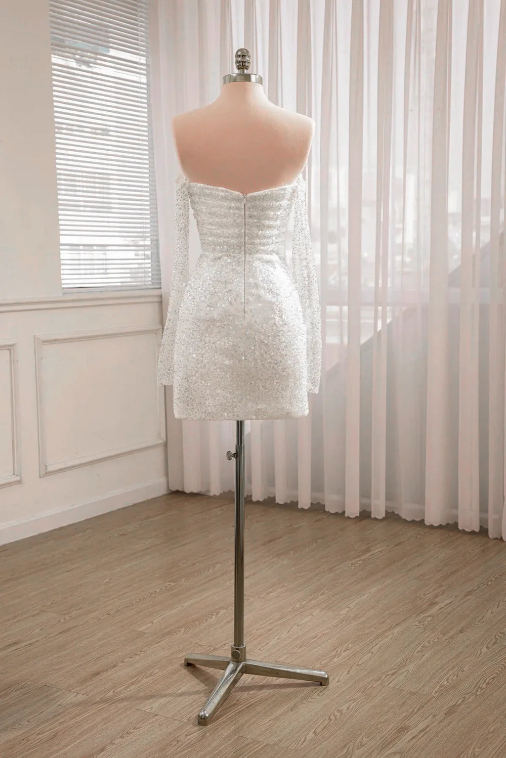 Sequined Backless Long Sleeves Wedding Dress