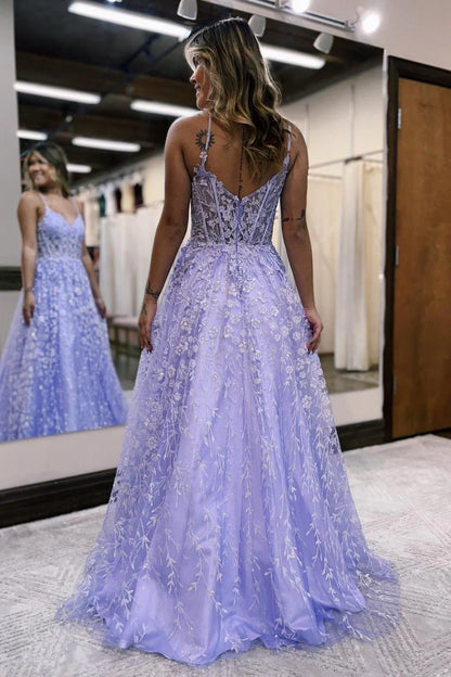 A Line Spaghetti Straps Corset Prom Dress with Appliques