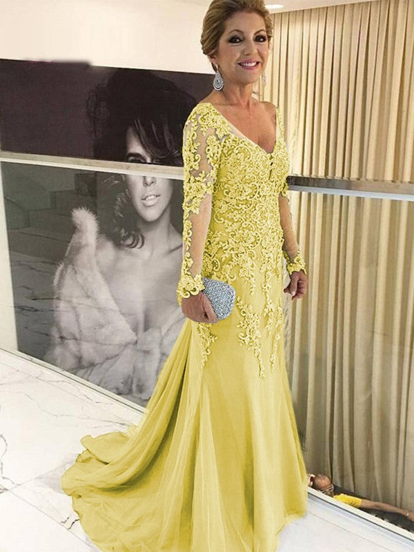 Sheath/Column Tulle Applique V-neck Long Sleeves Sweep/Brush Train Mother of the Bride Dresses