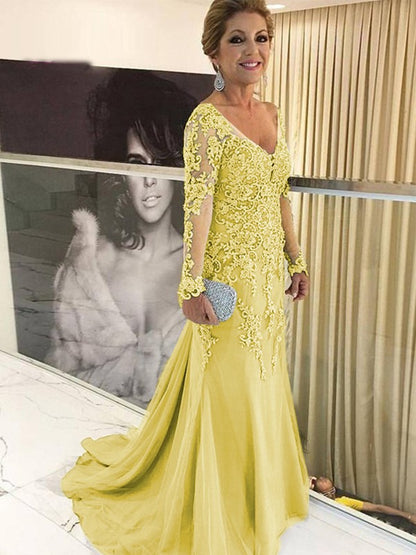 Sheath/Column Tulle Applique V-neck Long Sleeves Sweep/Brush Train Mother of the Bride Dresses