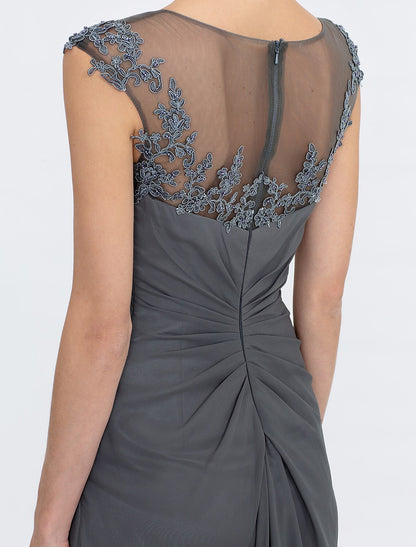 A-Line Mother of the Bride Dress Elegant See Through Bateau Neck Floor Length Chiffon Lace Sleeveless with Side Draping