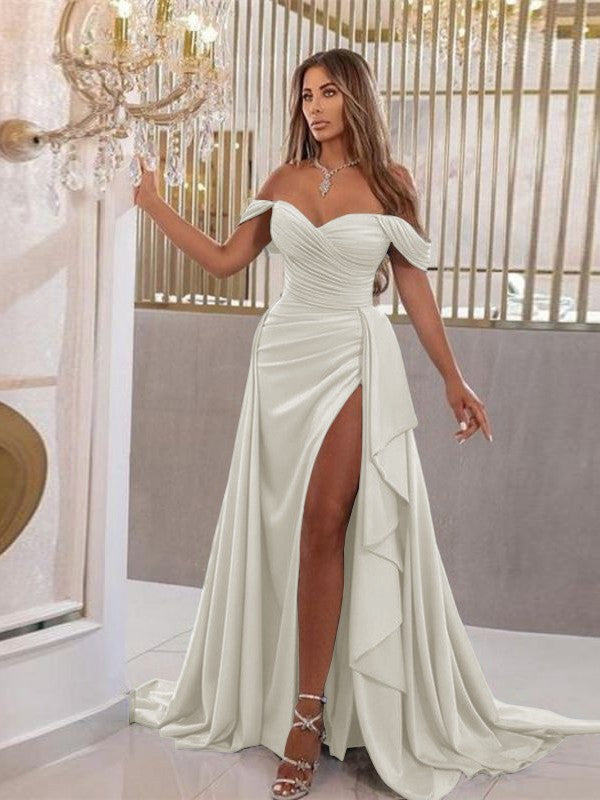 Sheath/Column Jersey Ruched Off-the-Shoulder Sleeveless Sweep/Brush Train Dresses
