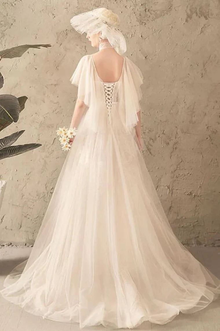 Unique A-line Tulle Lace Ivory Short Sleeves Lace Up Back Bridal Long Wedding Dress