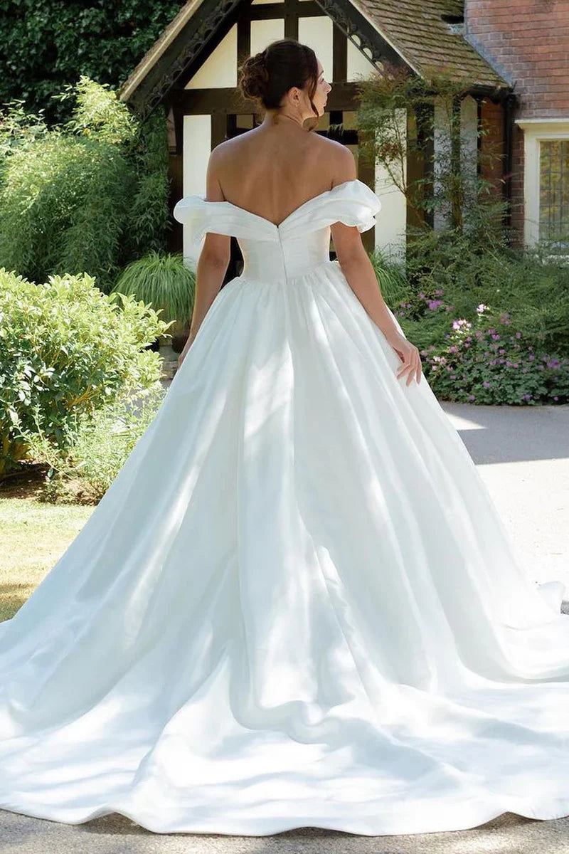 A-line Puff Off-the-Shoulder V Neck Sweeping Long Wedding Dress