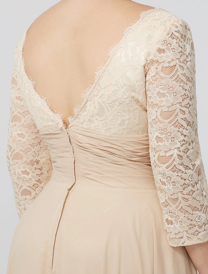 Etuikleid/Säulenkleid für die Mutter der Braut, formell, klassisch und zeitlos, elegant und luxuriös, Übergröße, quadratischer Ausschnitt, bodenlang, Chiffon, metallische Spitze, 3/4-Ärmel, nein, mit Schärpe/Blumenband