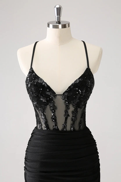 Sparkly Bodycon Spaghetti Corset Short Homecoming Dress with Lace Up Back