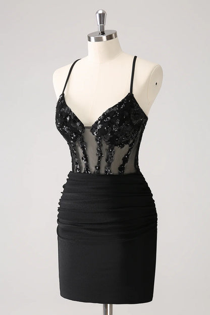 Sparkly Bodycon Spaghetti Corset Short Homecoming Dress with Lace Up Back
