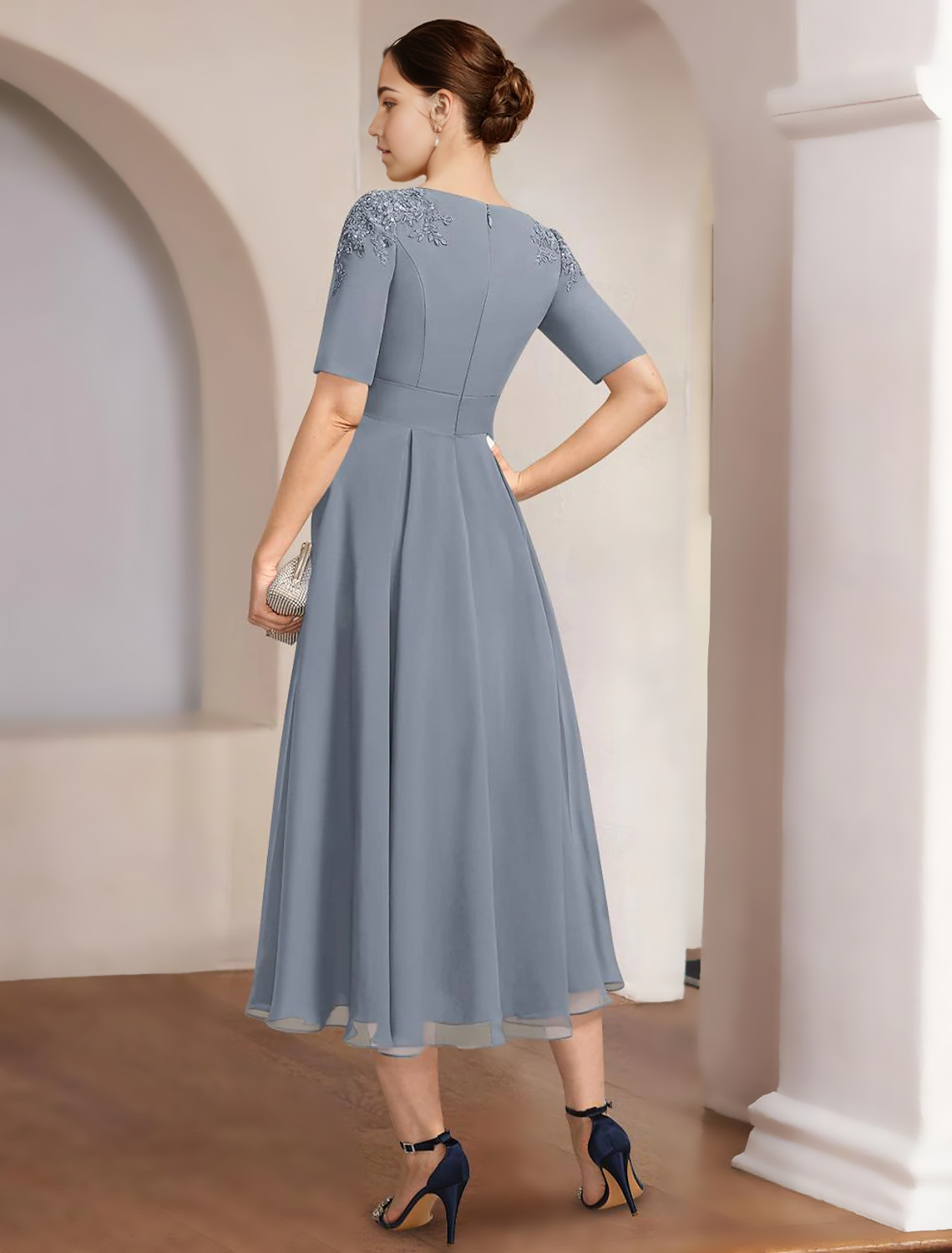A-Line Mother of the Bride Dress Formal Elegant Bateau Neck Tea Length Chiffon Half Sleeve with Lace free custom size