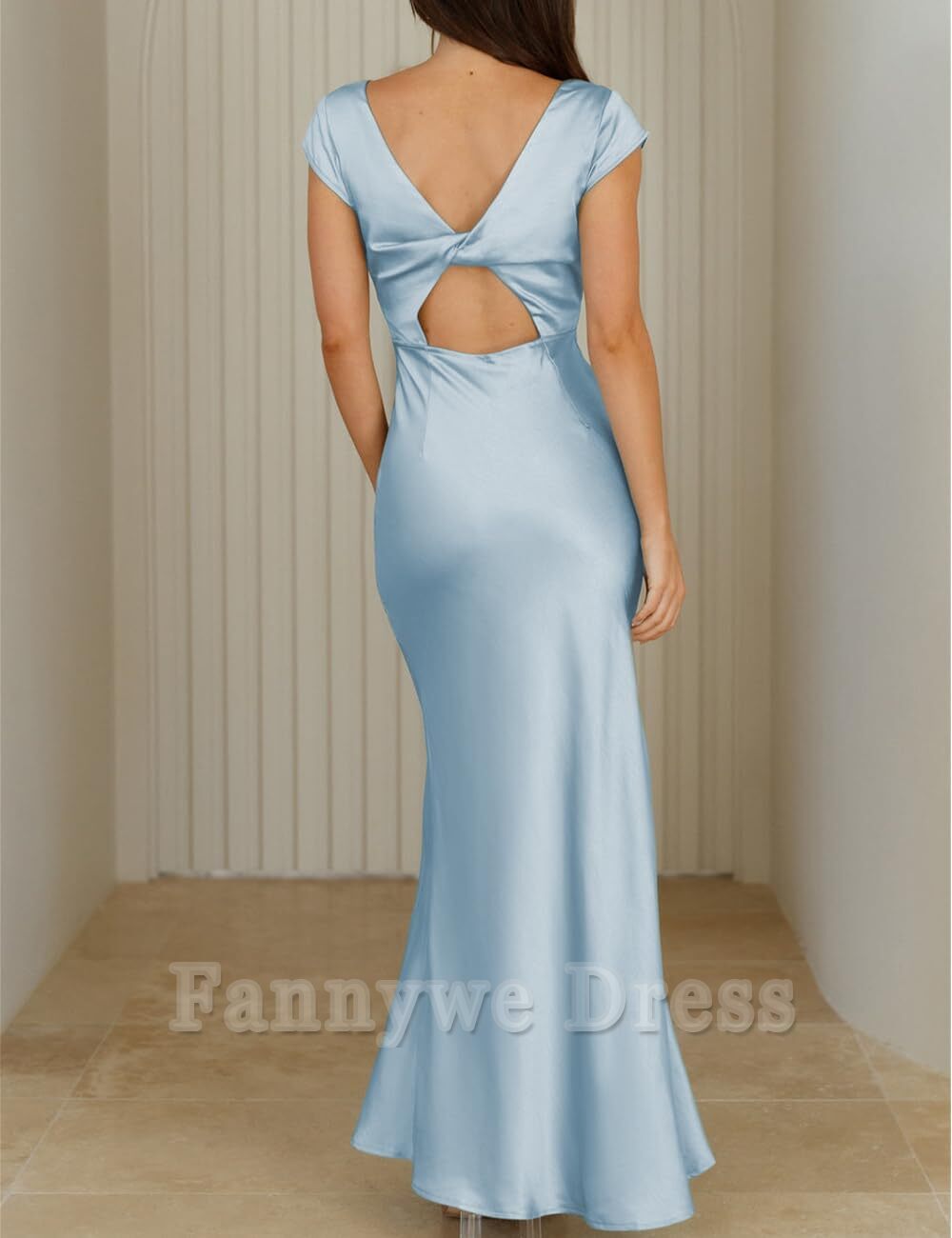 Elegant V Neck Cap Sleeve Backless Satin formal dresses Bridesmaid Dresses evening gown Prom Dress