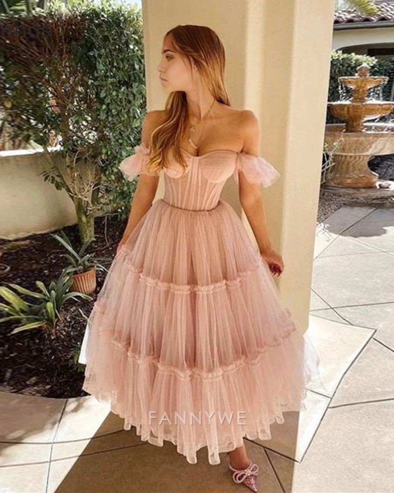 A-line Ruffled Sleeves Tulle Tiered formal dresses Bridesmaid Dresses evening gown Prom Dress