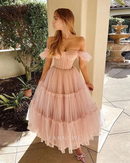 A-line Ruffled Sleeves Tulle Tiered formal dresses Bridesmaid Dresses evening gown Prom Dress