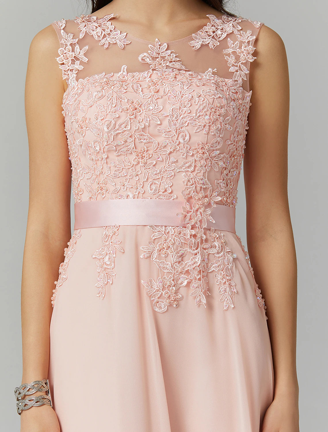 Vestido de dama de honor de corte A, cuello joya, sin mangas, elegante, largo hasta el suelo, de gasa/encaje con apliques