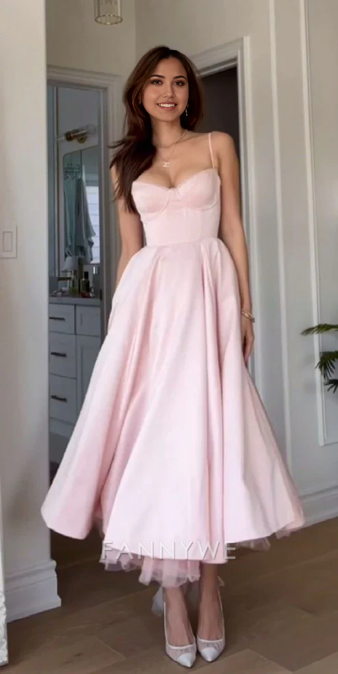 Vestido largo formal de corte A con tirantes finos en rosa claro, vestido de dama de honor, vestido de noche, vestido de fiesta 