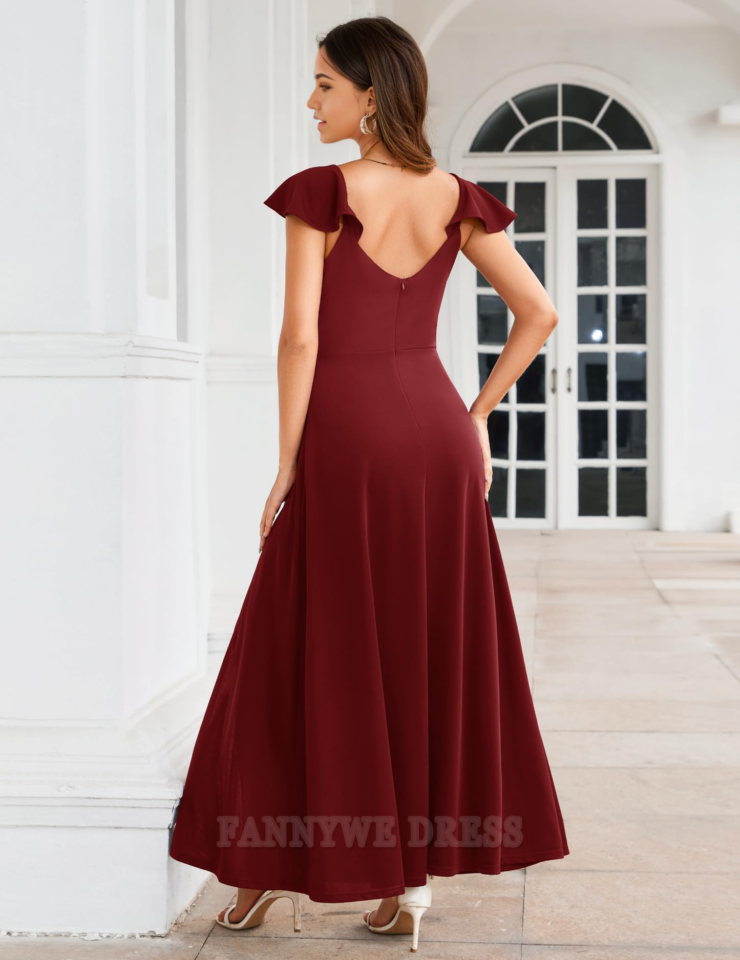 A-Linie Herzausschnitt V-Ausschnitt Rüschenärmel Abendkleider Abendkleid Ballkleid mit Seitenschlitz 
