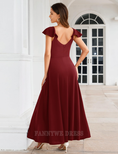 A-Linie Herzausschnitt V-Ausschnitt Rüschenärmel Abendkleider Abendkleid Ballkleid mit Seitenschlitz 