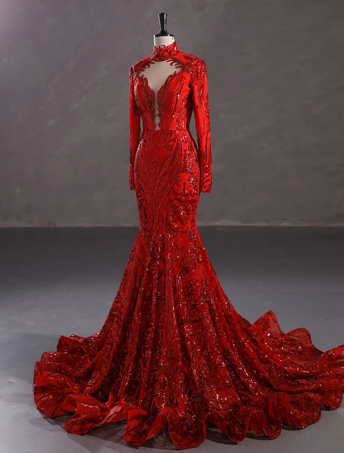 Mermaid / Trumpet Evening Gown Elegant Dress Engagement Court Train Long Sleeve Stand Collar Lace with Sequin
