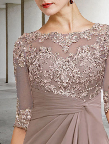 Vestido de madre de la novia con corte tubo/columna, para otoño, para invitadas de boda, talla grande, elegante, cuello joya, largo hasta el suelo, gasa, encaje, manga corta con apliques, drapeado lateral