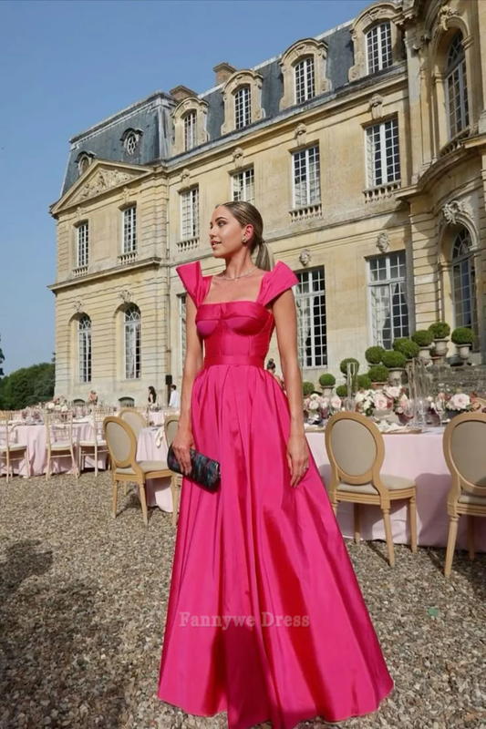 A-Linie Träger Satin Hot Pink Lange Abendkleider Brautjungfernkleider Abendkleid Ballkleid 