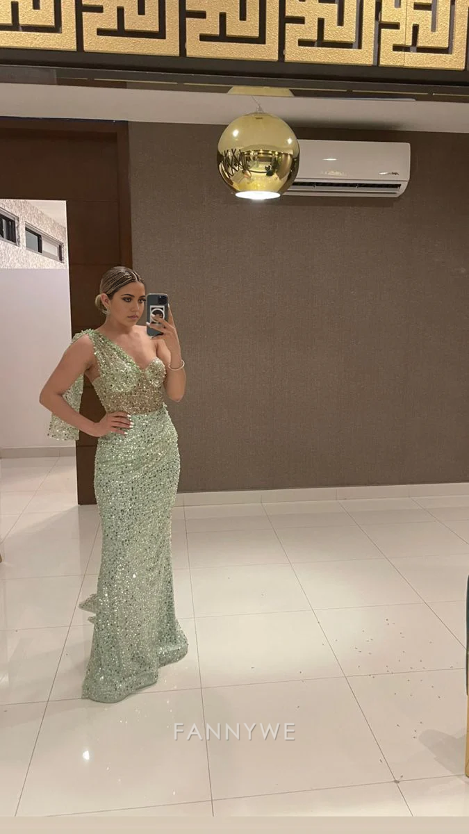 Mermaid Shiny One Shoulder Sequins Long formal dresses Bridesmaid Dresses evening gown Prom Dress