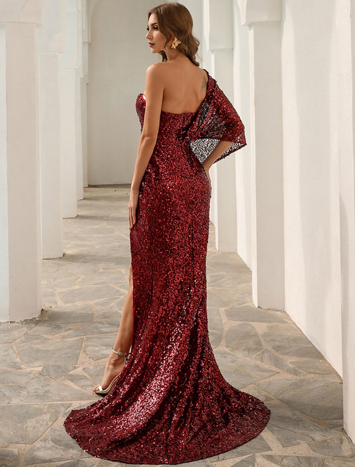 A-Line Evening Gown Sparkle & Shine Dress Formal Court Train Sleeveless One Shoulder Polyester with Sequin Slit