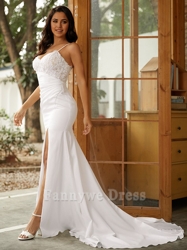 Mermaid V-neck Spaghetti Straps Sleeveless Lace Train formal dresses evening gown Prom Dress Wedding Dresses