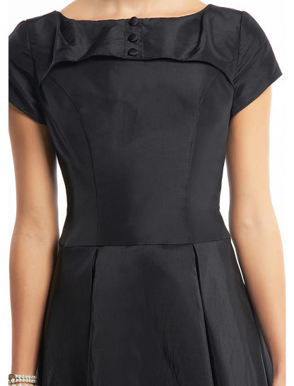 A-Linie Vintage Kleid Homecoming Tee Länge Kurzarm Boot-Ausschnitt Taft mit Knöpfen