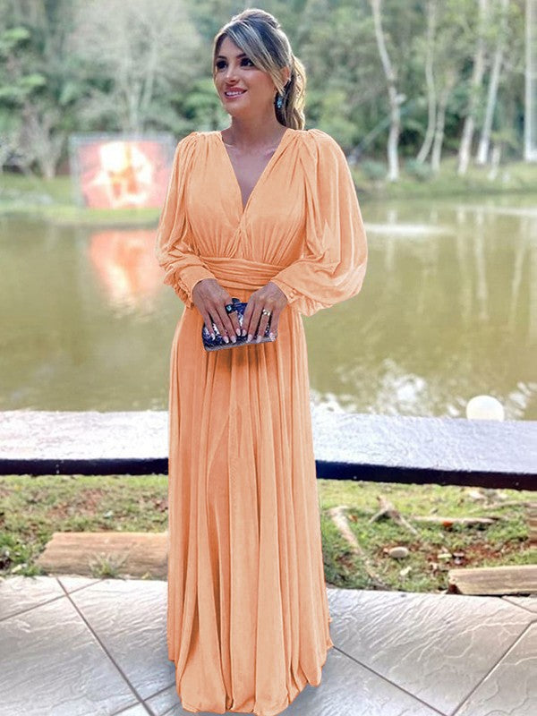 A-Line/Princess Chiffon Ruffles V-neck Long Sleeves Floor-Length Mother of the Bride Dresses