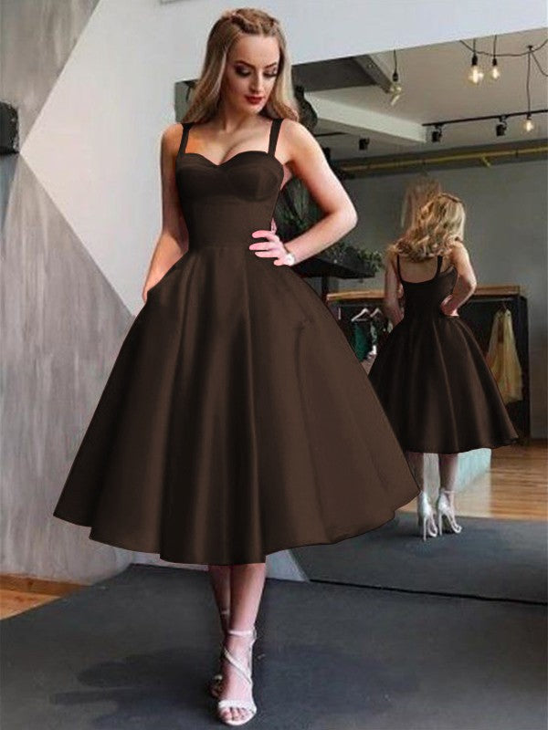 A-Line Straps Satin Sleeveless With Ruffles Tea-Length Dresses