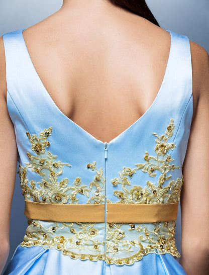 A-Line Cocktail Dresses Party Dress Wedding Guest Tea Length Sleeveless Jewel Neck Satin V Back with Pleats Appliques
