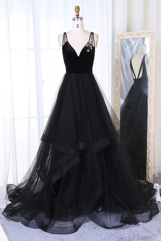 Simple tulle v neck long prom dress