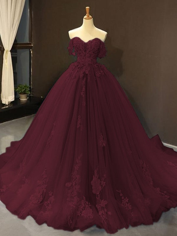 Ball Gown Tulle Off-the-Shoulder Sleeveless Applique Sweep/Brush Train Dresses