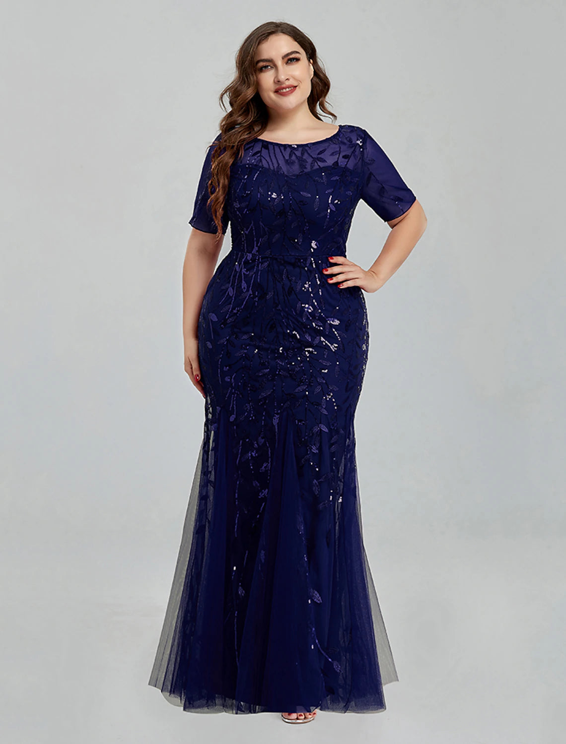 Vestido de noche estilo sirena/trompeta, estilo imperio, para regreso a casa, largo hasta el suelo, manga corta, cuello joya, tul con bordado