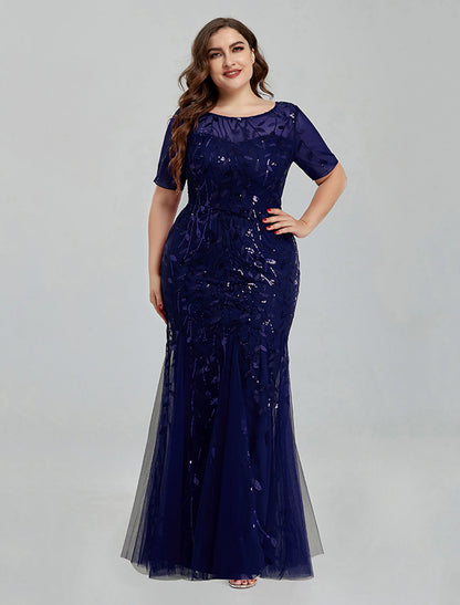 Mermaid / Trumpet Evening Gown Empire Dress Homecoming Floor Length Short Sleeve Jewel Neck Tulle with Embroidery