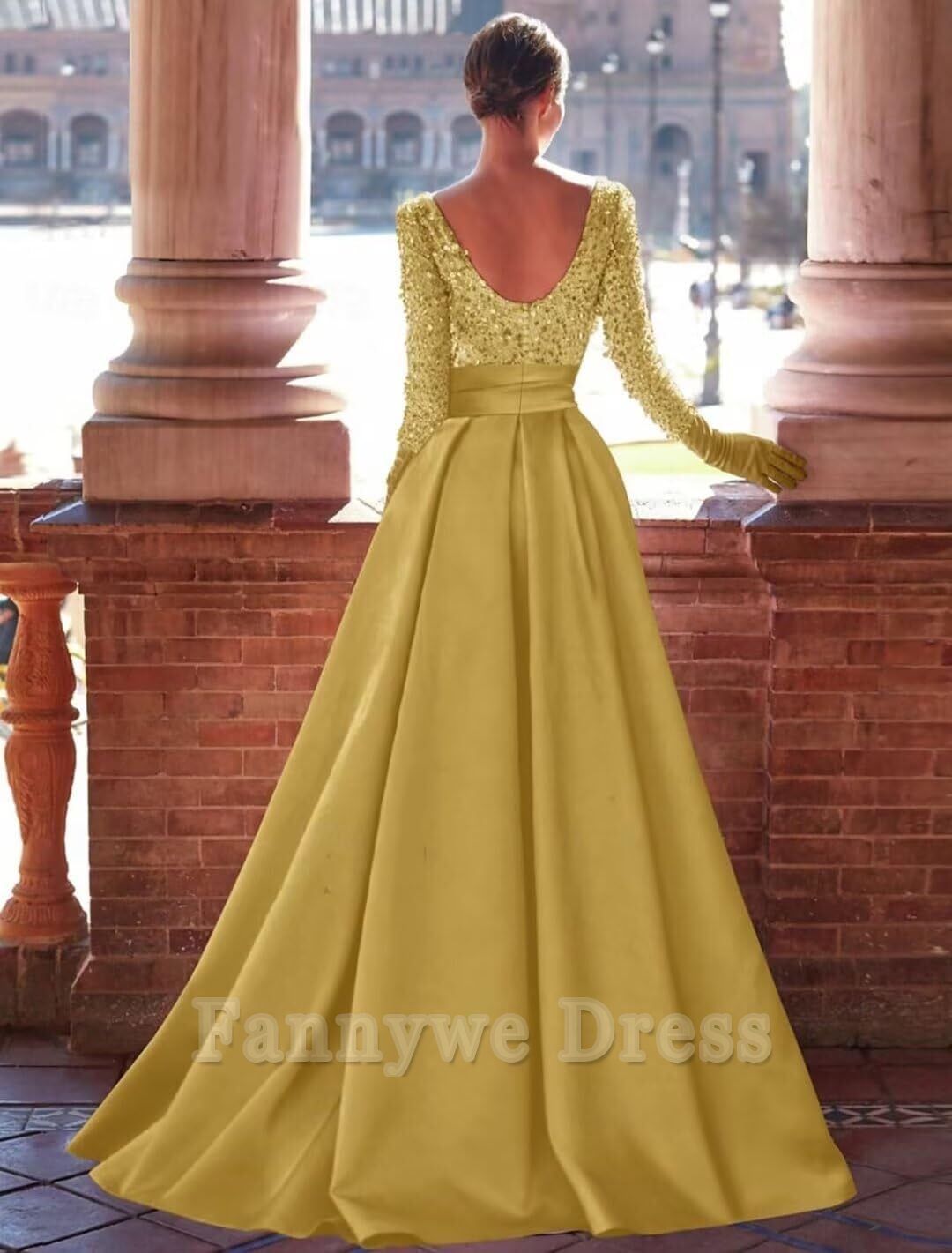 Sparkly Boatneck Sequins Satin Long Sleeve formal dresses Bridesmaid Dresses evening gown Prom Dress with Slit
