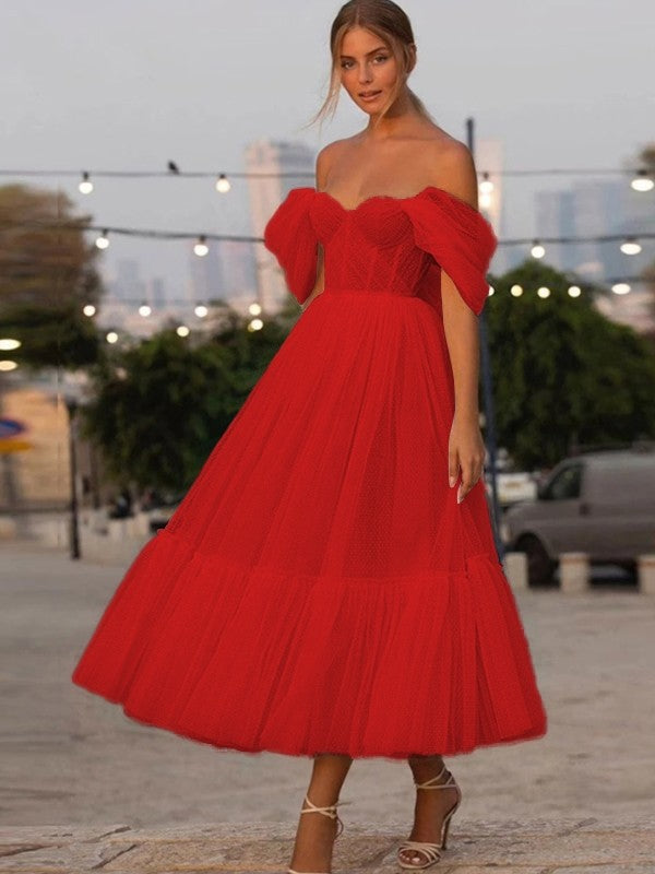 A-Line/Princess Tulle Ruffles Off-the-Shoulder Sleeveless Tea-Length Homecoming Dresses