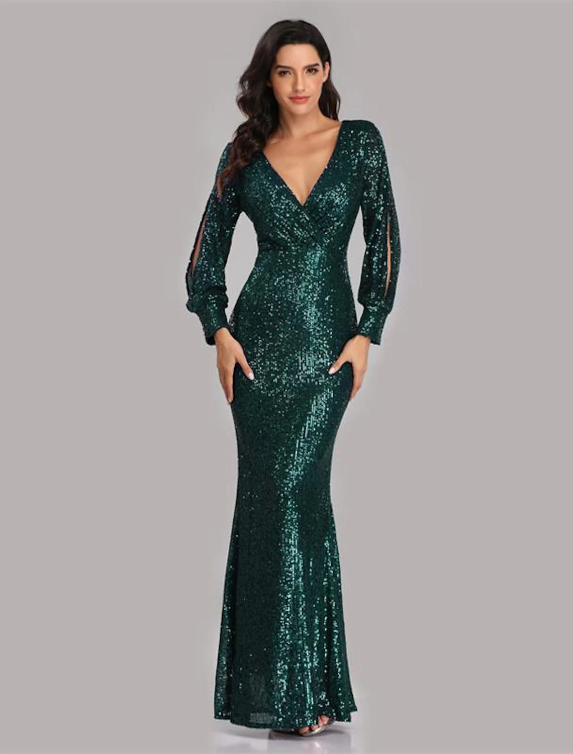Mermaid / Trumpet Evening Gown Sparkle Dress Party Wear Floor Length Long Sleeve V Neck Sequined with Sequin