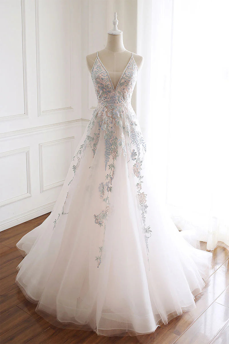 V neck tulle lace long prom dress