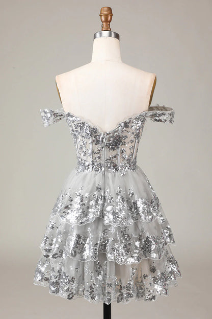 A Line Cute Sparkly Tiered Corset Lace Short Homecoming Dress