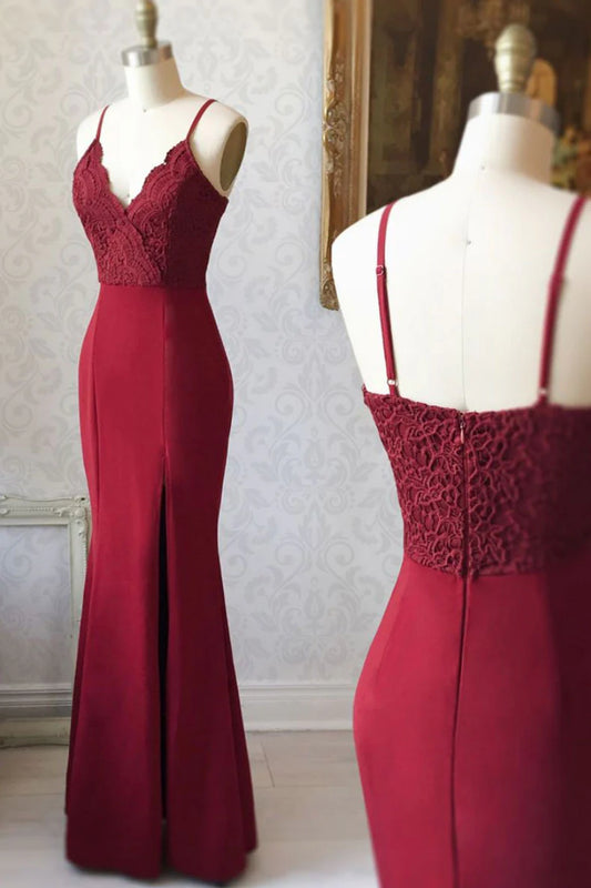 Mermaid V neck lace long prom dress
