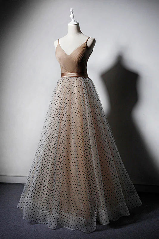 V neck tulle long prom dress