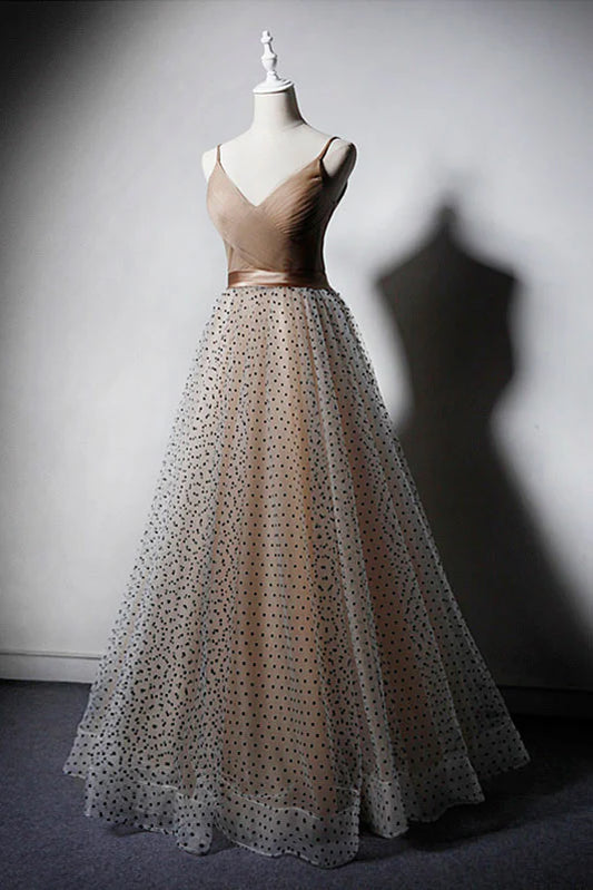 V neck tulle long prom dress
