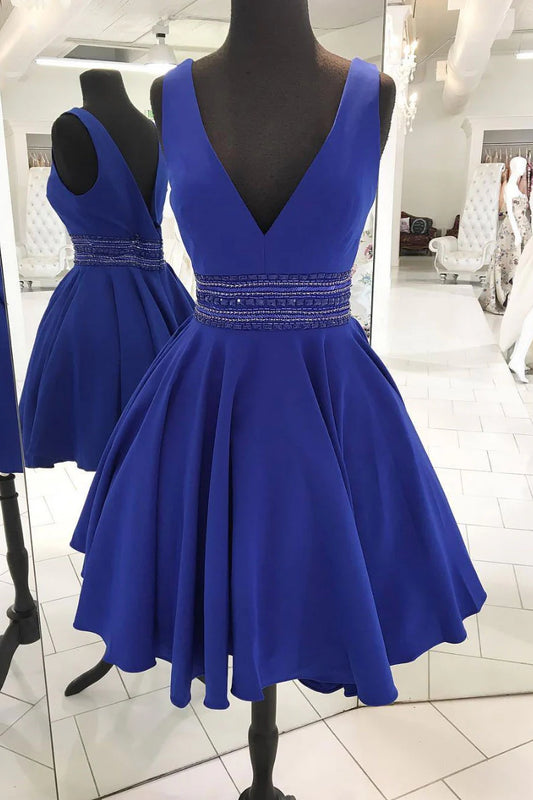 V neck beads short prom dress